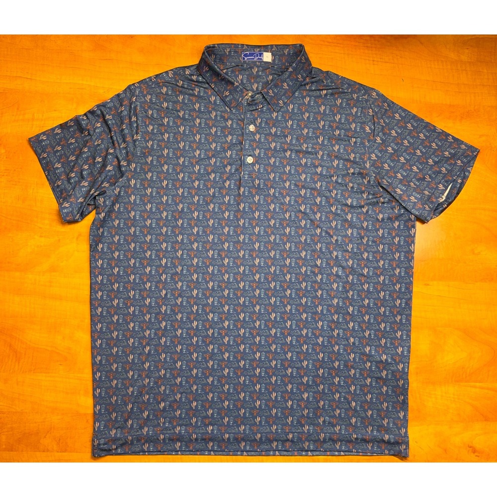 Summer Duck Mens XL Performance Polo Shirt Blue Western Cactus Cowboy Boot Print